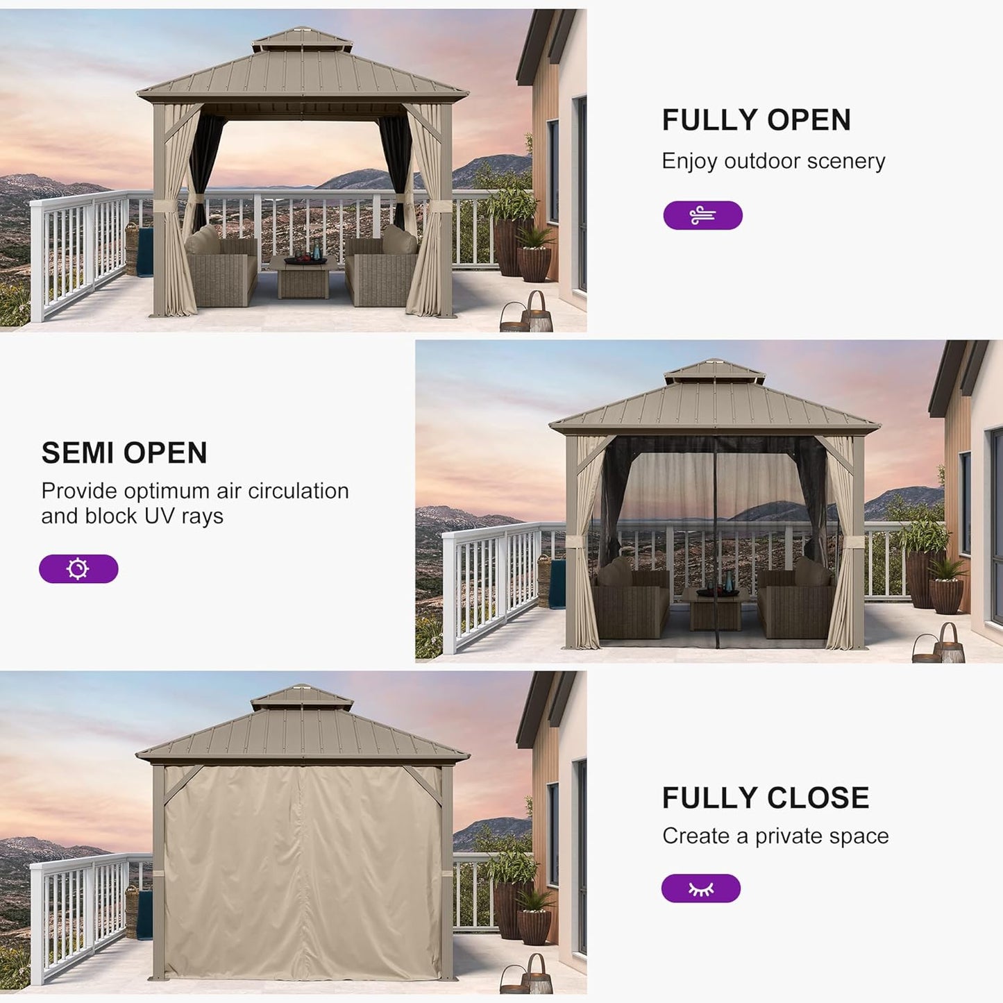 10' X 10' Hardtop Gazebo, Champagne Outdoor Aluminum Gazebo with Galvanized Steel Double Roof, Curtains and Netting for Patio Lawn and Garden