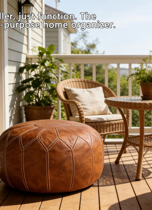 Handcrafted Moroccan Faux Leather Pouf Ottoman with Storage - Versatile Bohemian Chic Footrest for Living Room, Bedroom, and Patio - Round Ethnic Floor Cushion and Decorative Accent in Brown