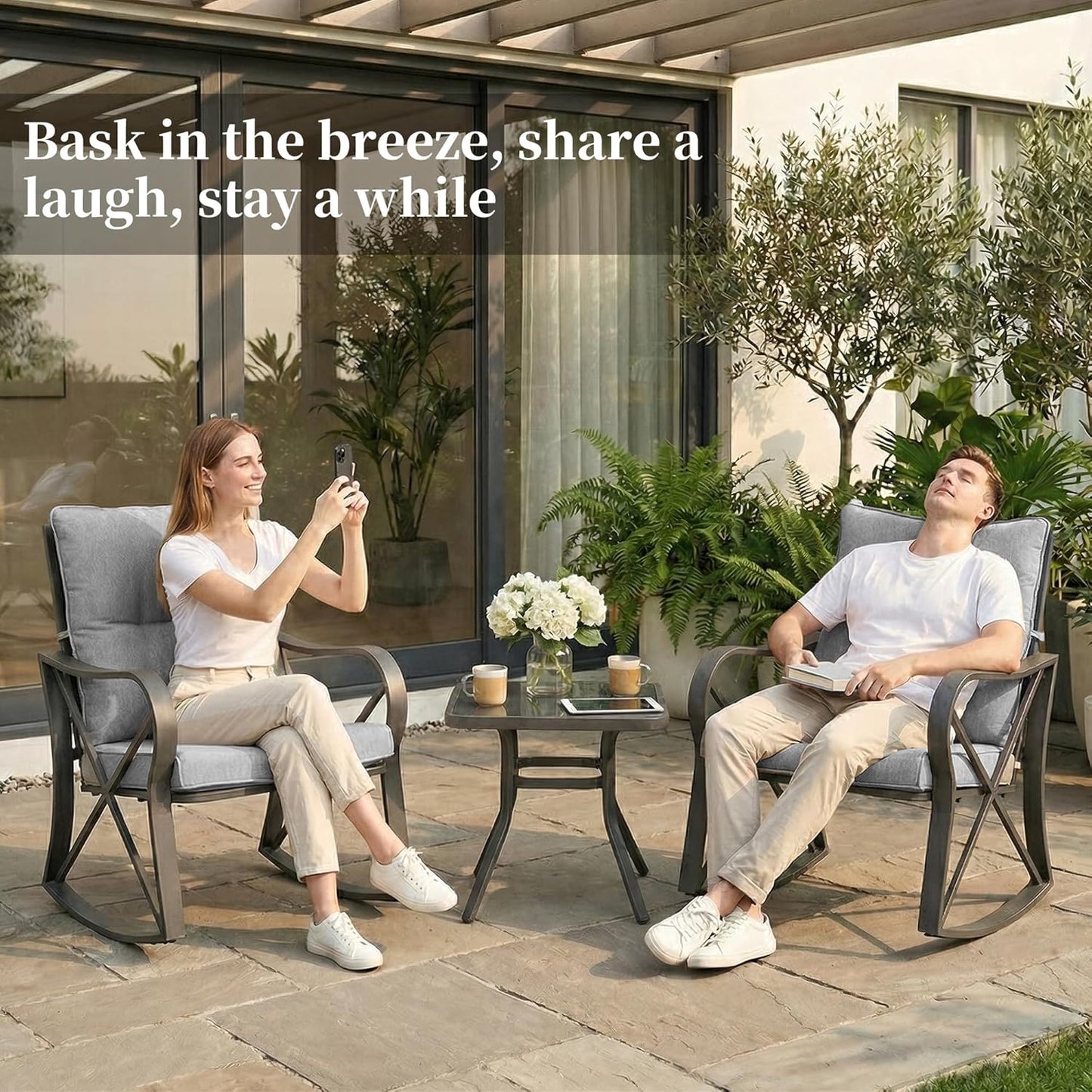 3 Piece Bistro Set Patio Rocking Chairs Outdoor Furniture W Warm Gray Cushions, Glass-Top Table for Garden, Pool, Backyard