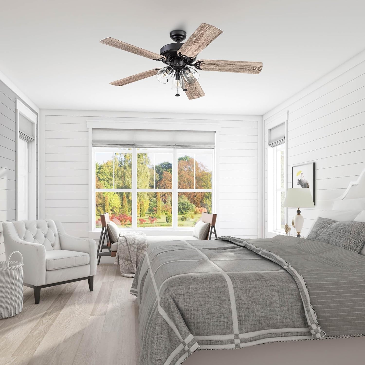 Saybrook, 52 Inch Indoor Farmhouse LED Ceiling Fan with Light, Pull Chain, Three Mounting Options, Dual Finish Blades, Reversible Motor - 51593-01 (Bronze)