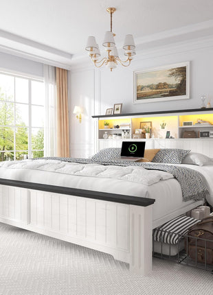 King Size Bed Frame with Headboard and Storage, Featuring 4 Drawers and Built-in LED Charging Station, Noise-Free Design, No Box Spring Required, White Farmhouse Style