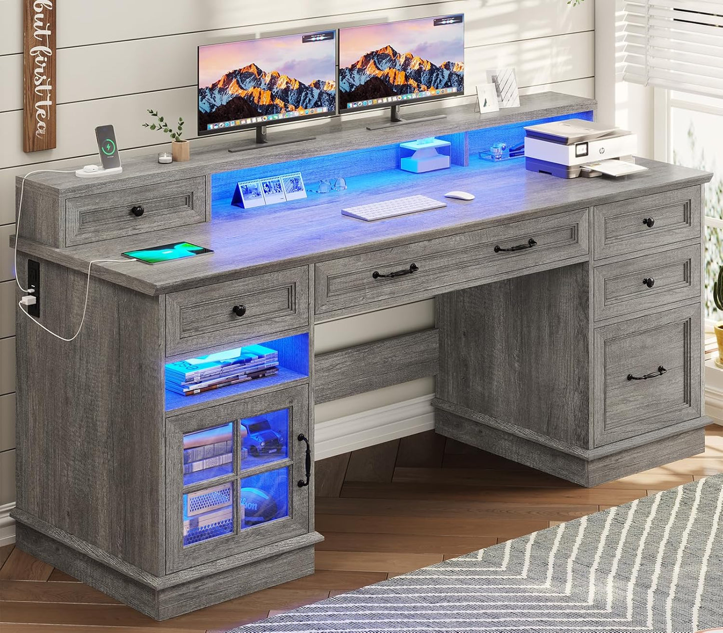Farmhouse Executive Desk with File Drawer, Computer Desk with Charging Station & LED Lights, Home Office Desk with Drawers & Storage Cabinet, Executive Office Desk with Monitor Stand, Grey