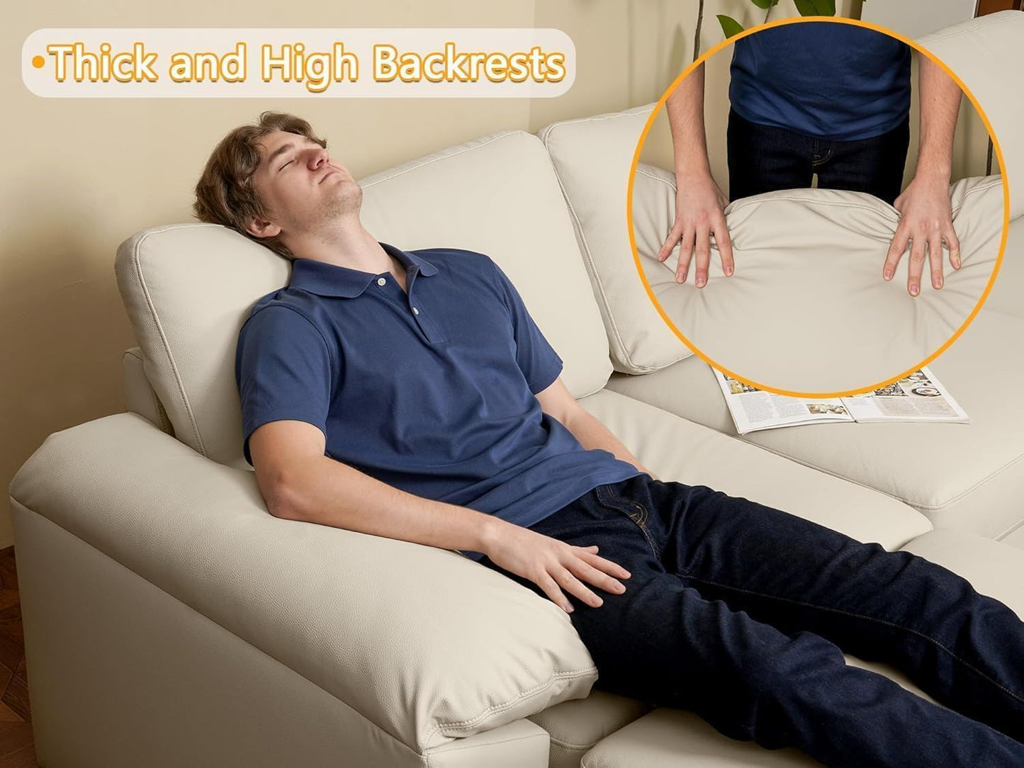 Leather Sectional Couch, Oversized Modular Sectional Sofas, Wide Deep Seat Modular Couch, Scratch Resistant Faux Leather Material, L Shaped Sofa for Big Spaces, Beige