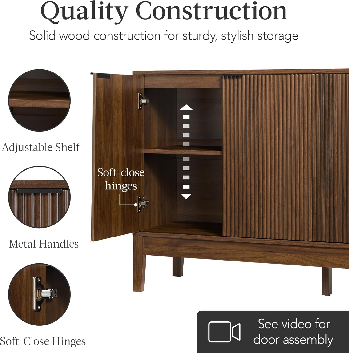 55" Modern 4-Door Sideboard Storage Cabinet, Buffet, Media Cabinet, Cupboard, Entryway Accent Table, Bookcase W/Reed Panels and Adjustable Shelves – Walnut