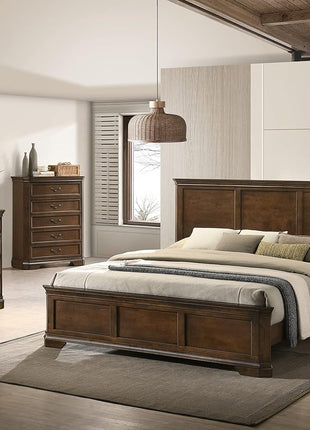 Maderne Traditional King Wood Panel Bed Set with Dresser, Mirror, Two Nightstands, and Chest in Antique Walnut Finish