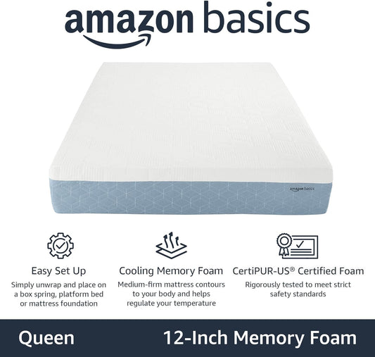 Memory Foam Mattress, Medium Firm, Cooling Gel, Queen Size Mattress, Certipur-Us® Certified Foam, 80 X 60 X 12 Inches, White/Gray
