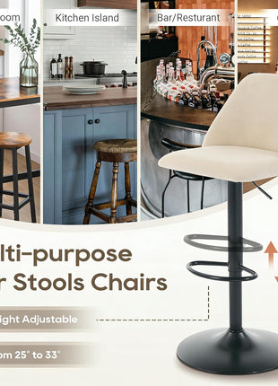 Set of 2 Adjustable Fabric Bar Stools - 360° Swivel Counter Height Chairs with Cushioned Seat and Sturdy Metal Base for Dining Room and Kitchen Island, 250 lbs Capacity