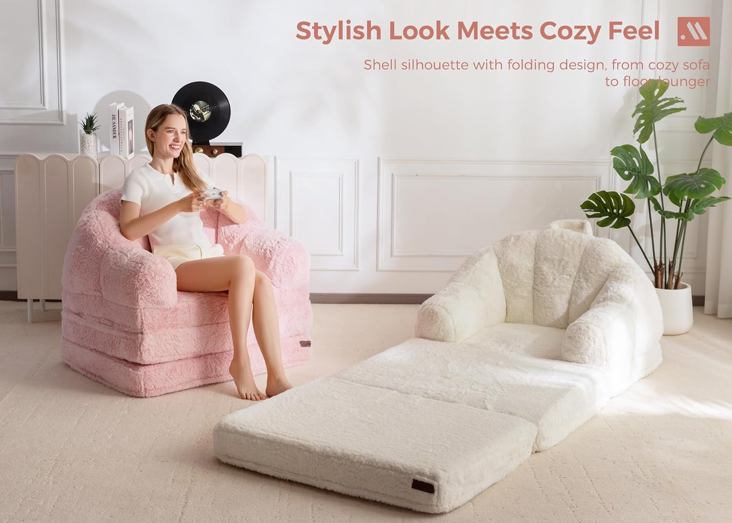 Folding Sofa Bed, 2 in 1 Convertible Sofa to Lounger Comfy Single Bean Bag Chair for Adults, Floor Sleeper Couch with Handle, Faux Fur Couch Bed for Living Room Bedroom, Beige