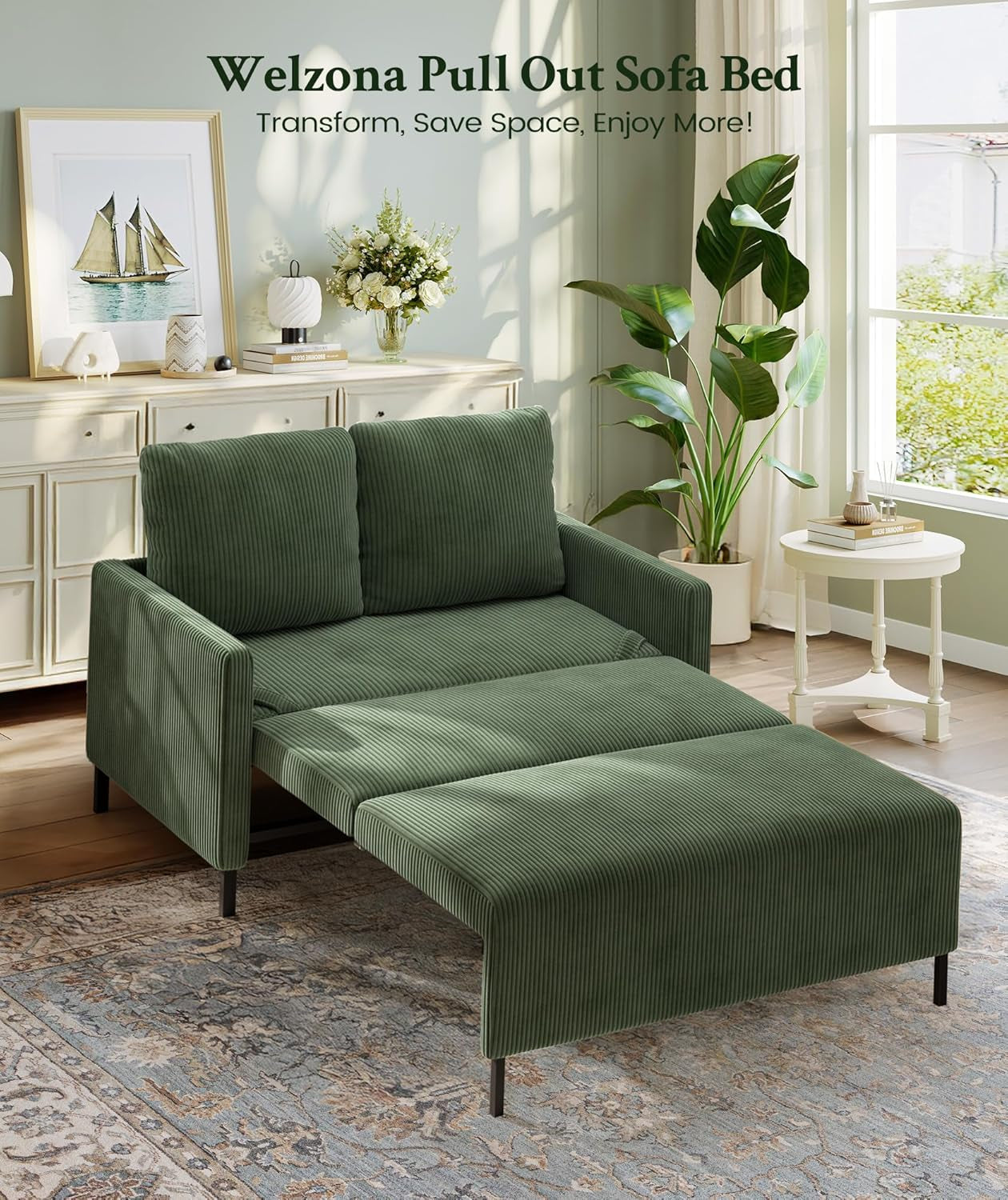 47.2" Convertible Sofa Bed Couch, Comfy Corduroy Couch Bed, All in 1 Loveseat Sleeper Sofa, Love Seat Sleeper Bed with 2 Pillows, Modern Couches for Living Room/Apartment/Home/Office, Green