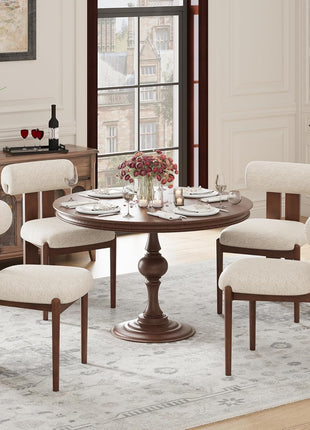 Set of 6 Contemporary Wooden Dining Chairs with Upholstered Fabric and Sculptural Backrest, Mid-Century Farmhouse Style, Solid Wood Legs, Beige