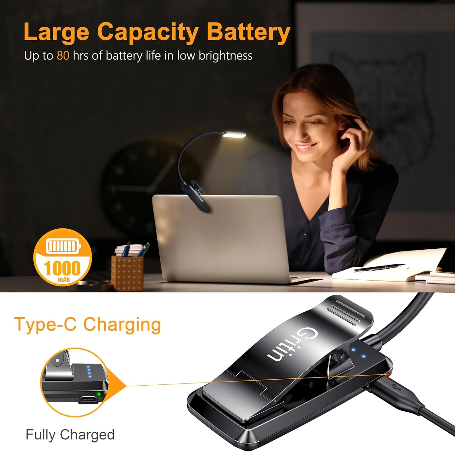 9 LED Rechargeable Book Light for Reading in Bed - Eye Caring 3 Color Temperatures,Stepless Dimming Brightness,80 Hrs Runtime Small Lightweight Clip on Book Reading Light for Studying