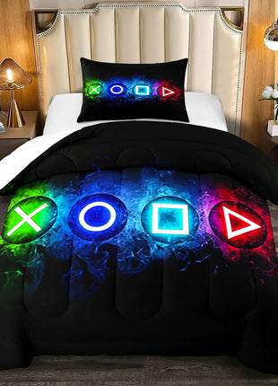Twin Gaming Comforter Set for Boys - Black Video Game Controller Bedding with Comforter and Pillowcase for Kids' Bedroom Decor