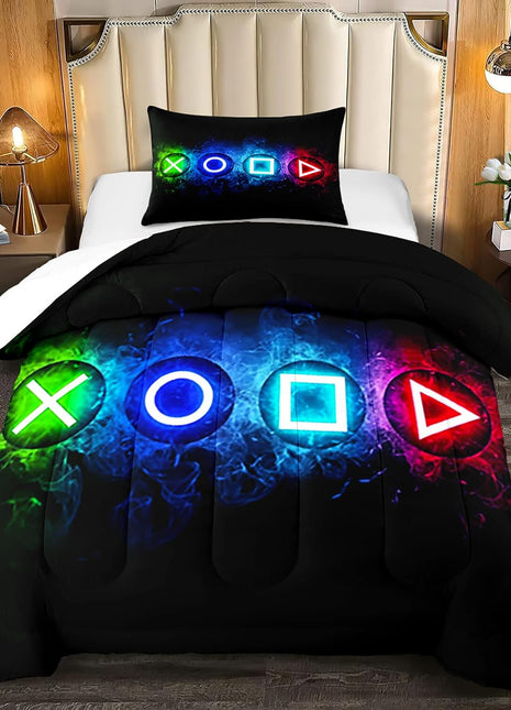 Twin Gaming Comforter Set for Boys - Black Video Game Controller Bedding with Comforter and Pillowcase for Kids' Bedroom Decor