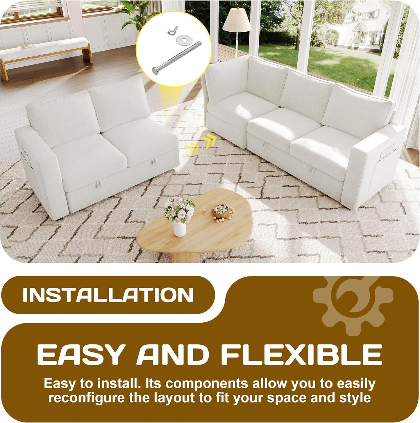 83.5" Sectional Sleeper Sofa with Pull Out Couch, Modern 5 Seat L Shaped Modular Couch, Sectionals Modular Sofa with Storage, Comfy Sectional Couches for Living Room & Apartment, Light Beige