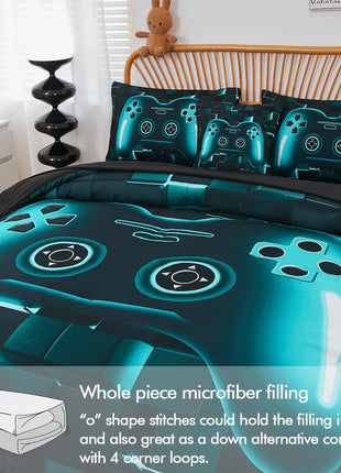 Twin Size 6-Piece Gamer Bedding Set in Teal Blue with 3D Gamepad Design for Boys and Teens