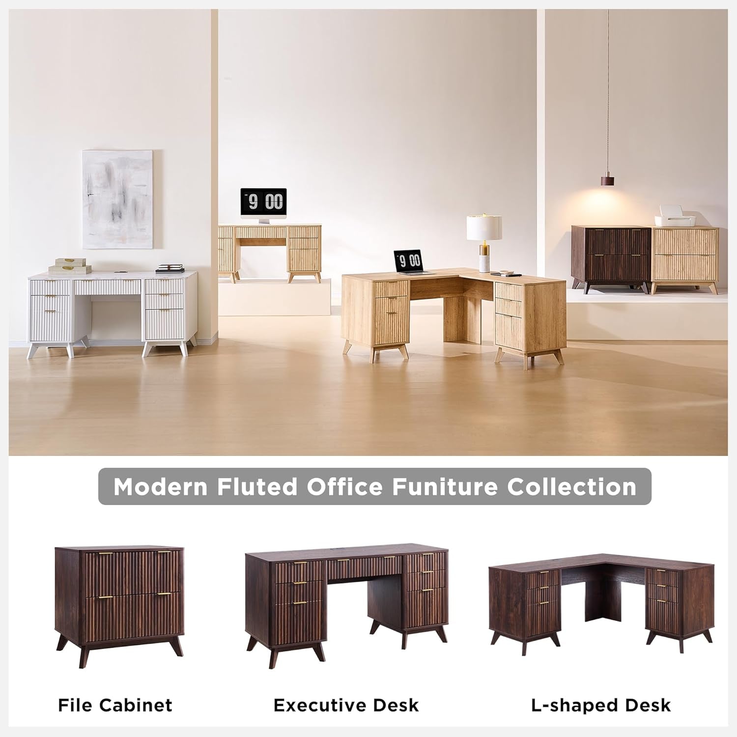 Fluted Executive Desk with Drawers, 60" Modern Home Office Computer Desk with Charging Station, File Cabinet, Keyboard Tray and Storage Cabinet for Study, Living Room, Bedroom, Dark Walnut