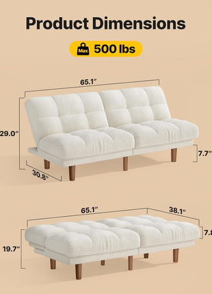 65-Inch Convertible Futon Sofa Bed with Adjustable Backrest, Ergonomic Recliner Sleeper Couch in Corduroy Fabric for Living Room, Office, or Guest Room (White)