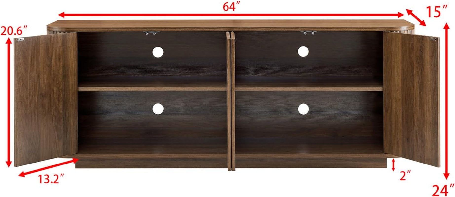 64" Sideboard Buffet Cabinet with Storage, Wooden Fluted Storage Cabinet Sideboard Credenza with Adjustable Shelves Pressed Spring for Kitchen Living Room (Walnut)