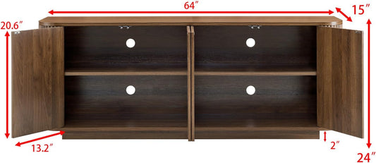 64" Sideboard Buffet Cabinet with Storage, Wooden Fluted Storage Cabinet Sideboard Credenza with Adjustable Shelves Pressed Spring for Kitchen Living Room (Walnut)