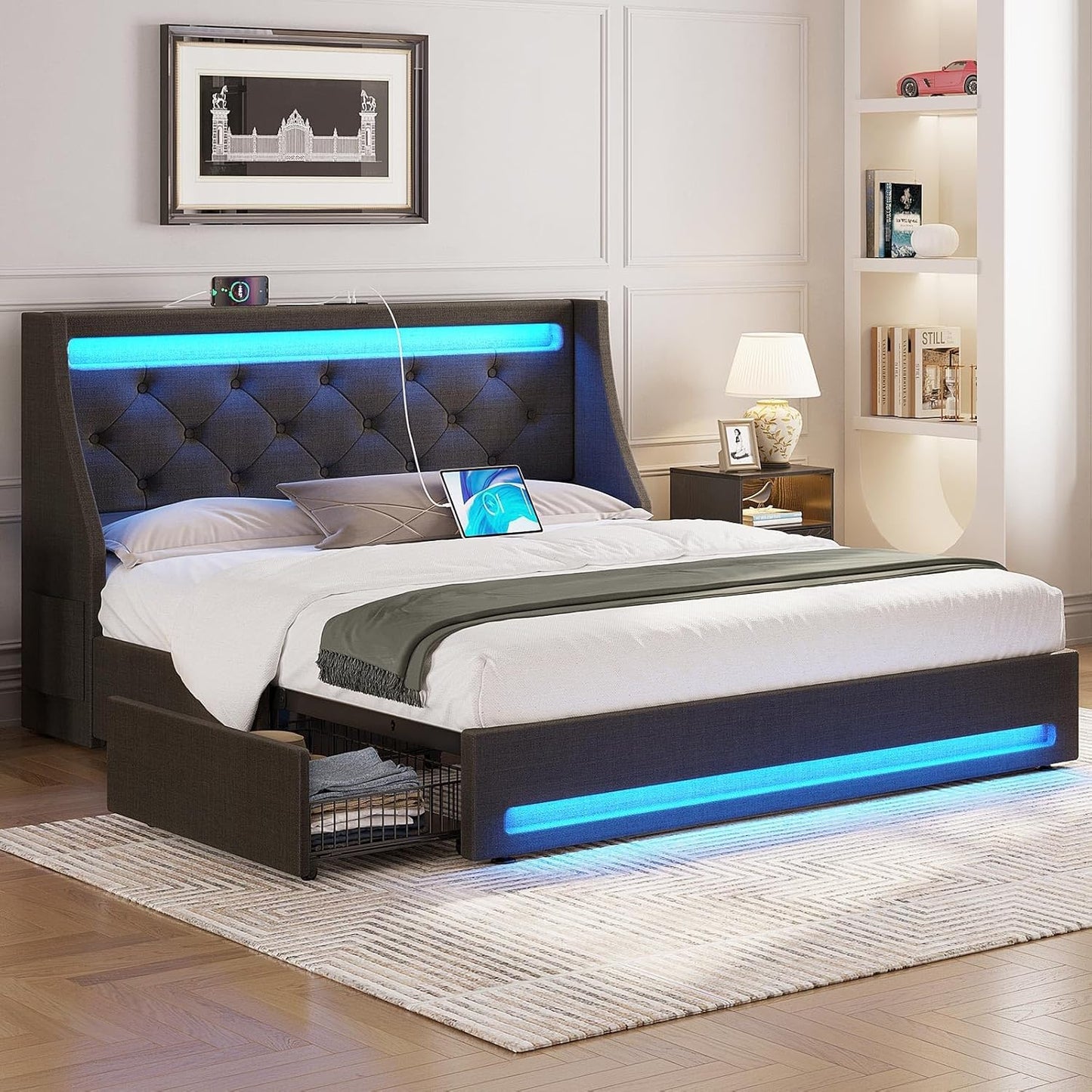 Full Bed Frame with LED Lights and Charging Station, Upholstered Bed with Drawers, Wooden Slats, Noise Free, Easy Assembly, Dark Gray