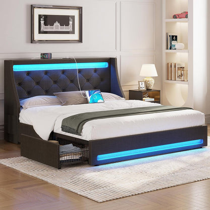 Full Bed Frame with LED Lights and Charging Station, Upholstered Bed with Drawers, Wooden Slats, Noise Free, Easy Assembly, Dark Gray