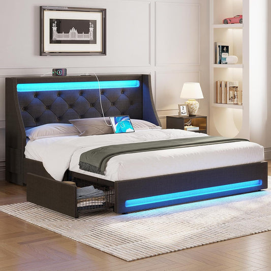 Full Bed Frame with LED Lights and Charging Station, Upholstered Bed with Drawers, Wooden Slats, Noise Free, Easy Assembly, Dark Gray