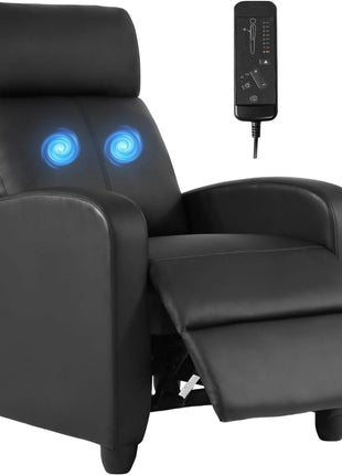Massage Recliner Sofa with Lumbar Support and Padded Backrest for Home Theater Seating - Black Leather for Living Room and Bedroom