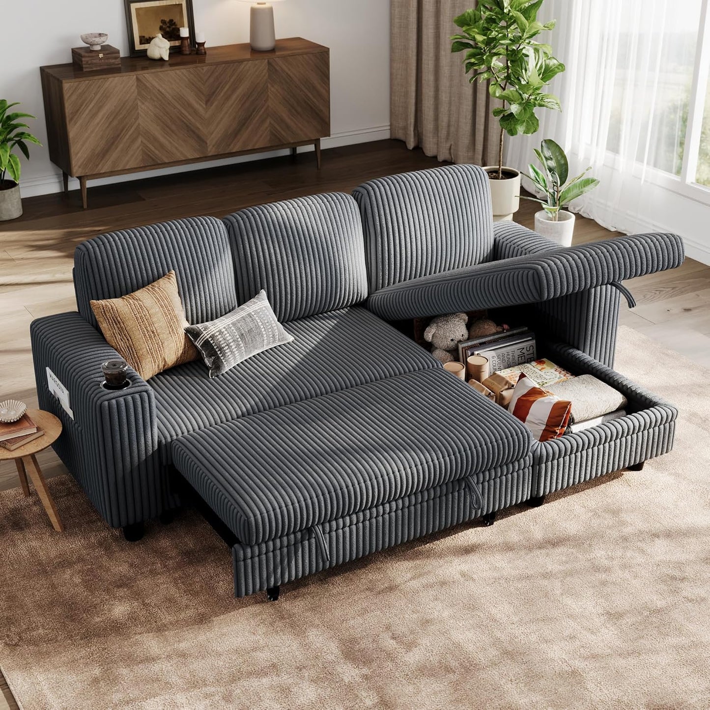 Sectional Sleeper Sofa with Pull Out Couch Bed Convertible Plush Corduroy Cloud Couch with Storage Chaise & USB Charging, Comfy L Shaped Modular Couches for Living Room Apartment (Grey)