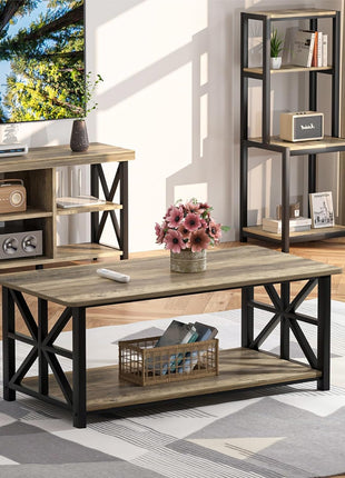 39-Inch Farmhouse Coffee Table with Storage Shelf and Rounded Corners - Gray Wash Finish, Space-Saving Design, Easy Assembly for Living Room