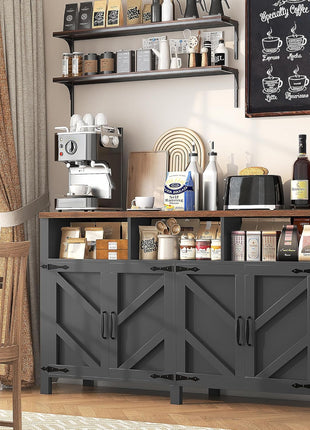 55-Inch Farmhouse Buffet Sideboard with Storage, 4-Door Wood Kitchen Cabinet and Coffee Bar Table with Shelves for Dining Room and Entryway (Black)