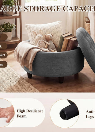 Round Fabric Storage Ottoman with Reversible Tray Lid – Versatile Footrest and Hidden Storage Solution, Durable and Elegant Small Coffee Table for Living Room, Bedroom, or Entryway (Dark Grey)