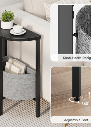 Set of 2 Contemporary Half Moon Accent Tables with Storage Baskets, Black, Perfect for Living Room and Bedroom Decor