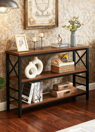 Industrial Console Table with Storage - 47-Inch Rustic 3-Tier Sofa Table for Living Room and Hallway, Engineered Wood and Metal, Brown Finish