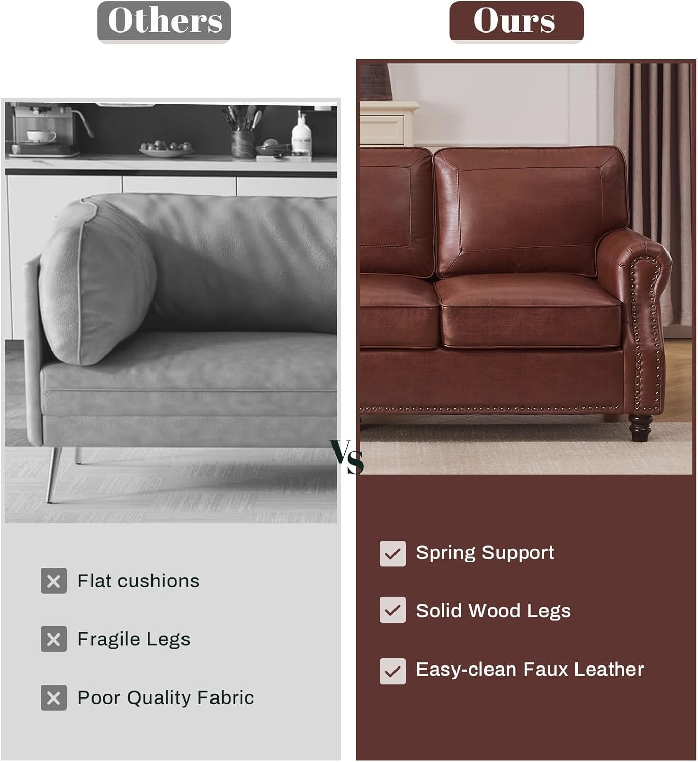 Mid-Century Modern Couch, Fux Lether Sof, 3 Seter Couch for Living Room with Rolled rms & Nilhed Trim, Drk Coffee