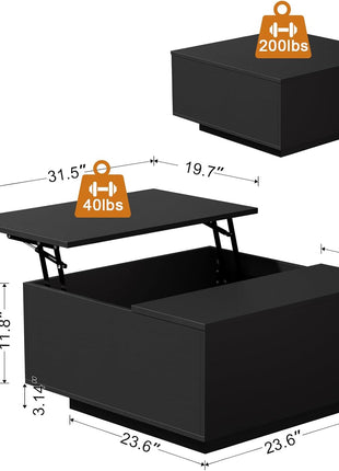 Lift-Top Coffee Table with Concealed Storage, Square Wood Design for Living Room and Home Office, Black Finish
