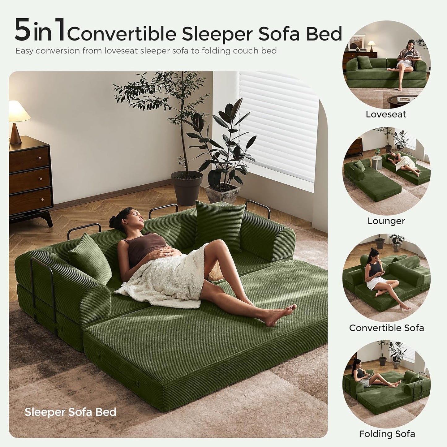 79" Convertible Sof Bed with Fixed-Shpe Frme & Removble rmrests, Modulr Corduroy Sleeper Sof, Folding Mttress Couch for Smll Spces - No ssembly Needed in Green (Includes 2 Pillows)