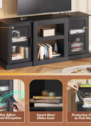 58-Inch Farmhouse TV Stand for 65-Inch Televisions, Entertainment Center with Storage Cabinets and Open Shelves, Black Finish for Living Room and Bedroom