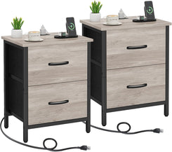 Nightstand Set of 2 with Charging Station, End Table Bedside Table with Power Outlet & USB Ports, Side Table with 2 Fabric Drawers for Bedroom, Living Room, Greige
