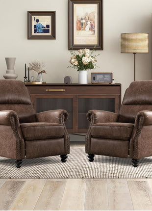 Pushback Recliner Chair in Faux Leather with Rivet Accents - Reddish Brown Single Sofa Accent Chair for Living Room