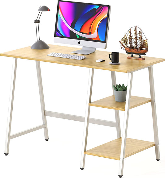 43-Inch Home Office Trestle Computer Desk with Open Storage Shelves, Oak