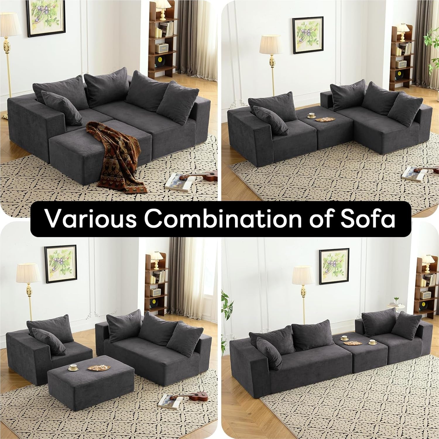 Modular Sectional Sofa - Modern L Shaped Boneless Couch with Deep Seat, Upholstered Sectional Couches for Living Room, Bedroom, Office, No Assembly Required, Gray