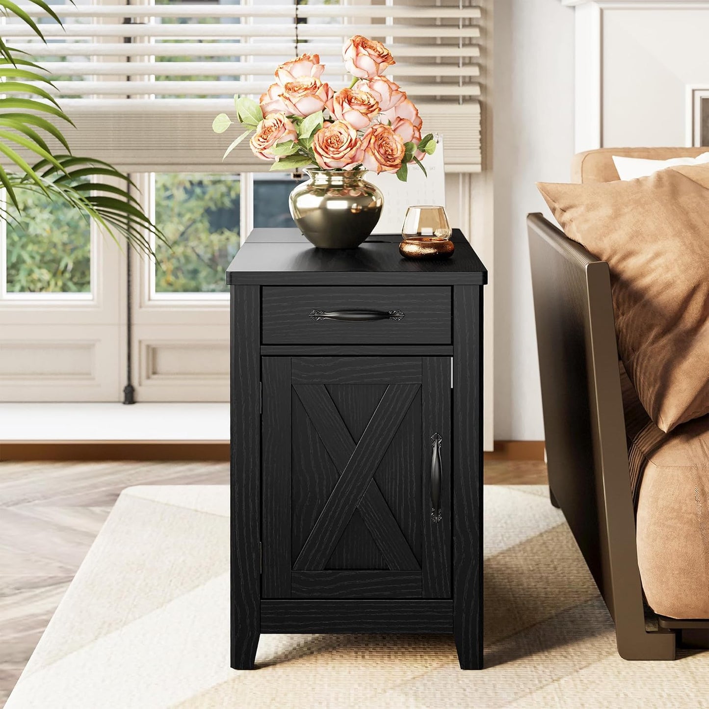 End Table with Charging Station, Narrow Side Table for Living Room, Farmhouse Night Stand for Bedroom, Bedside Table with Storage and Drawer for Home, Black