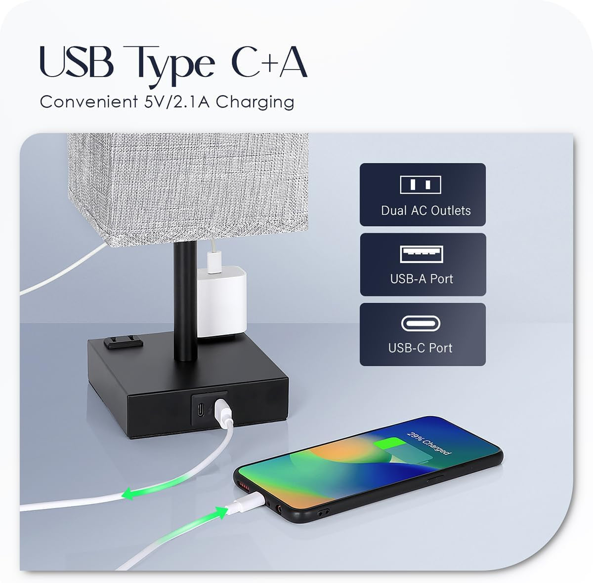 Bedside Table Lamps Set of 2 - Touch Nightstand Lamp for Bedroom with USB C+A Charging Ports & AC Outlets, 3-Way Dimmable Desk Lamp Grey Fabric Shade for Bedroom Living Room, Office(Bulb Included)