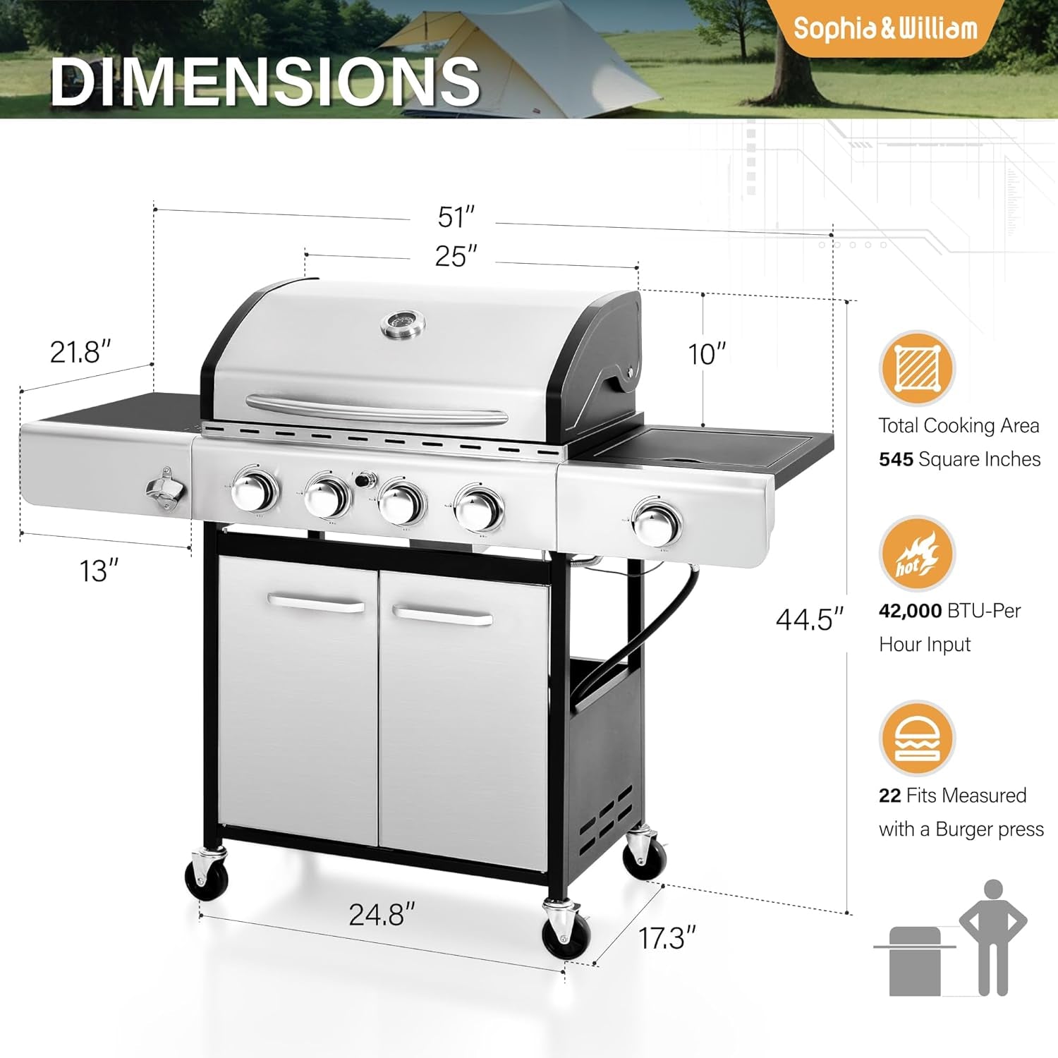 4-Burner Propane Gas BBQ Grill with Side Burner and Porcelain-Enameled Cast Iron Grates, Stainless Steel Barbecue Grills Outdoor Cooking, Silver Cabinet Style, 42,000BTU