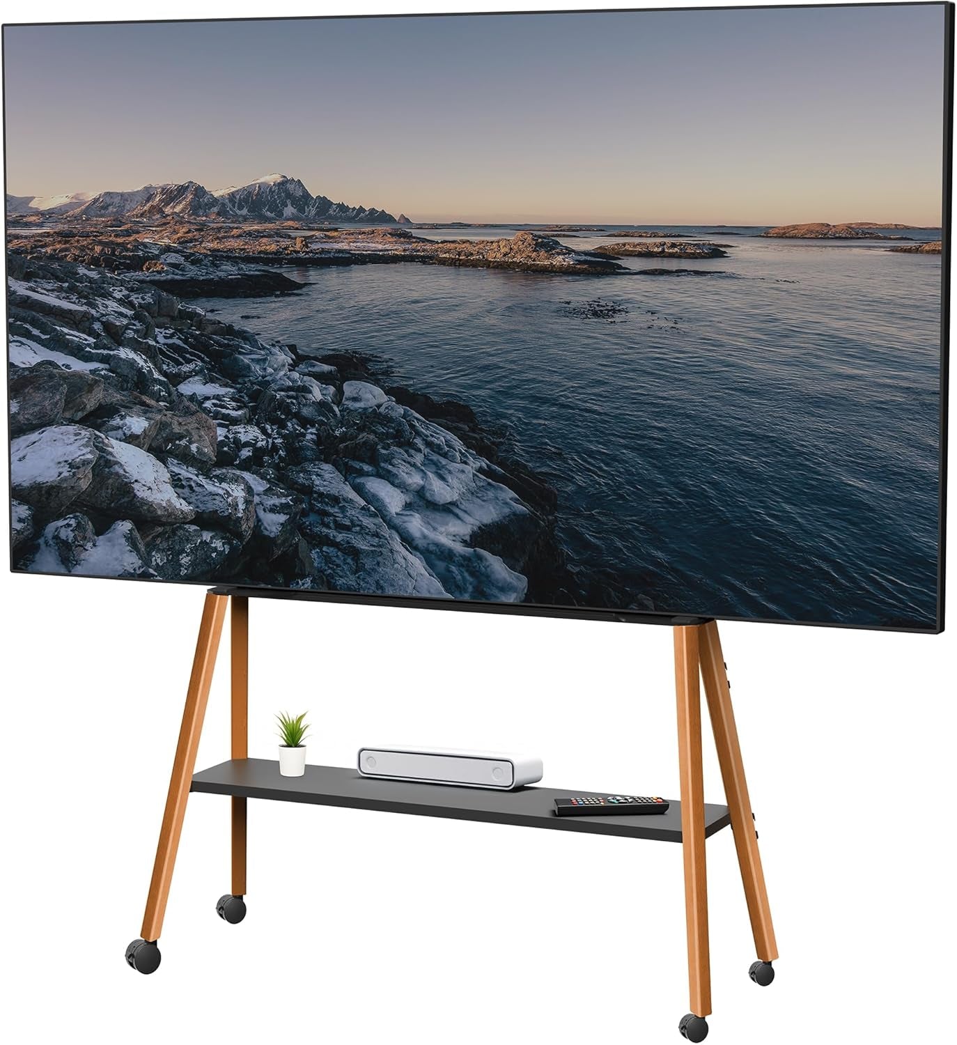 Rolling Artistic 43 to 75 Inch LED LCD Screen Mobile Studio TV Easel Stand, Wood Accessory Shelf, Adjustable TV Mount with 4 Walnut Legs, Black Frame, STAND-TV75R