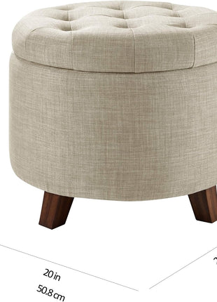 Round Storage Ottoman Footrest - Button-Tufted Upholstered Footstool with Storage, Durable Linen Fabric for Living Room and Bedroom, 20" x 17", Beige