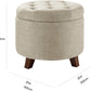 round Linen Ottoman with Storage, Tufted Upholstered Footstool for Living Room and Bedroom, 20" X 17", Linen Burlap Beige