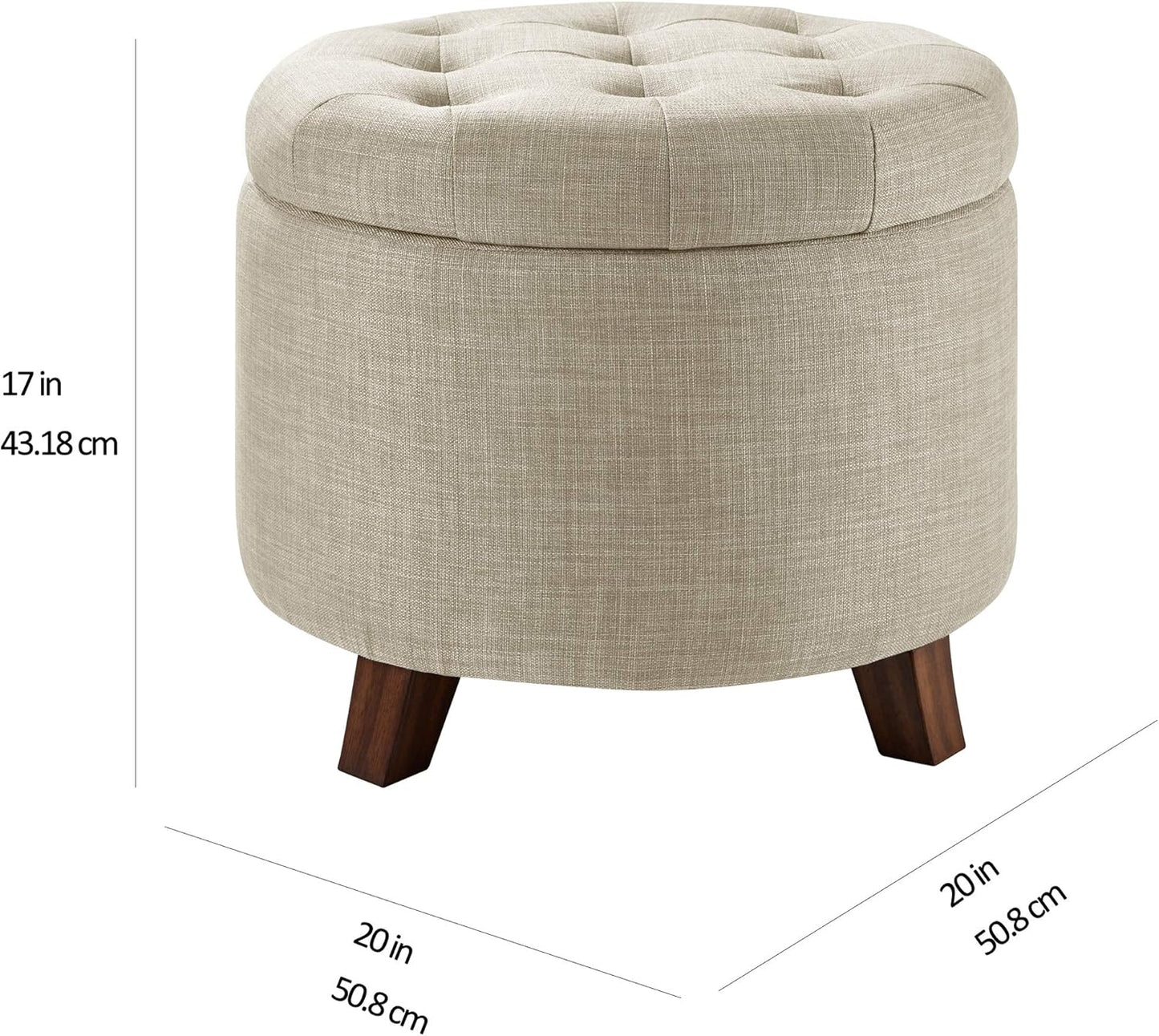 round Linen Ottoman with Storage, Tufted Upholstered Footstool for Living Room and Bedroom, 20" X 17", Linen Burlap Beige