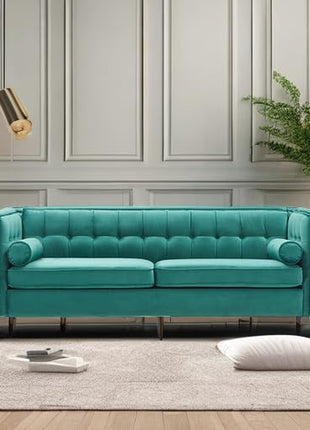 78-Inch Velvet Mid-Century Sofa with Bolster Pillows and Button Tufting for Living Room - Teal