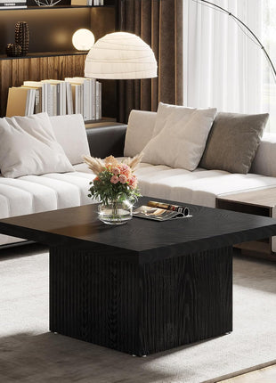 Tribesigns 31.5-Inch Fluted Square Coffee Table in Black Finish, Mid-Century Modern Design, Large Living Room Cocktail Table with Easy Assembly